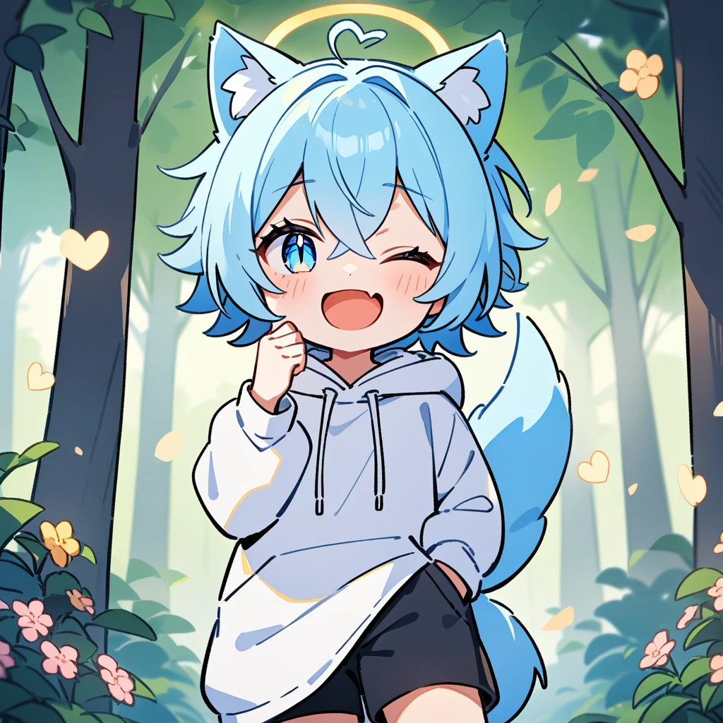 (masterpiece:1.2,high quality),4K,High resolution,A seven-year-old boy,cute boy, light blue hair,short hair,crossed bangs,light blue eyes,slit pupils,one eye closed,heart ahoge,yellow halo,cat ears,laughing,skin fang,Wearing a white hoodie,Black shorts,Stand in the forest,There are flowering trees on both sides.,primary school student,thigh,alone,dog tail,(Put your hands in your pockets),((Put your hands in your pockets))