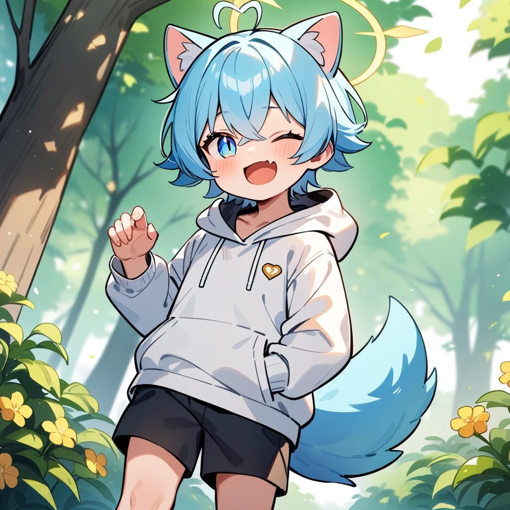 (masterpiece:1.2,high quality),4K,High resolution,A seven-year-old boy,cute boy, light blue hair,short hair,crossed bangs,light blue eyes,slit pupils,one eye closed,heart ahoge,yellow halo,cat ears,laughing,skin fang,Wearing a white hoodie,Black shorts,Stand in the forest,There are flowering trees on both sides.,primary school student,thigh,alone,dog tail,(Put your hands in your pockets),((Put your hands in your pockets))
