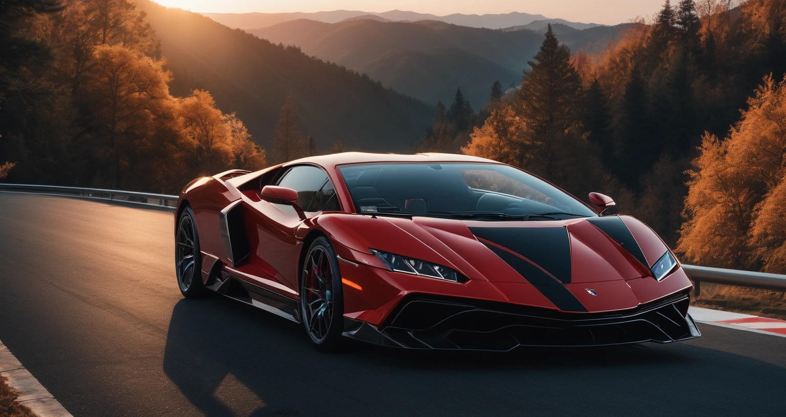 Sports car photos，A red sports car is on the right side of the photo.，Looking down at the front of the car，amazing，Drive on the highway，Showing speed and passion，Red photos，detail强化，blur background/Bokeh，Bright with natural light，Ray Tracing，Sunset sky，forest，Hill in the distance，Highly detailed environments，Low depth of field，HD，detail，8k，lens flare，Sunlight,