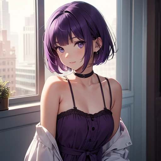 Young girl with short purple shoulder-length hair