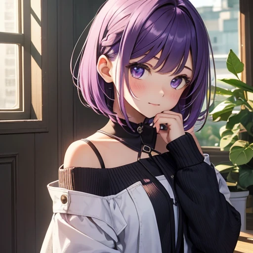 Young girl with short purple shoulder-length hair
