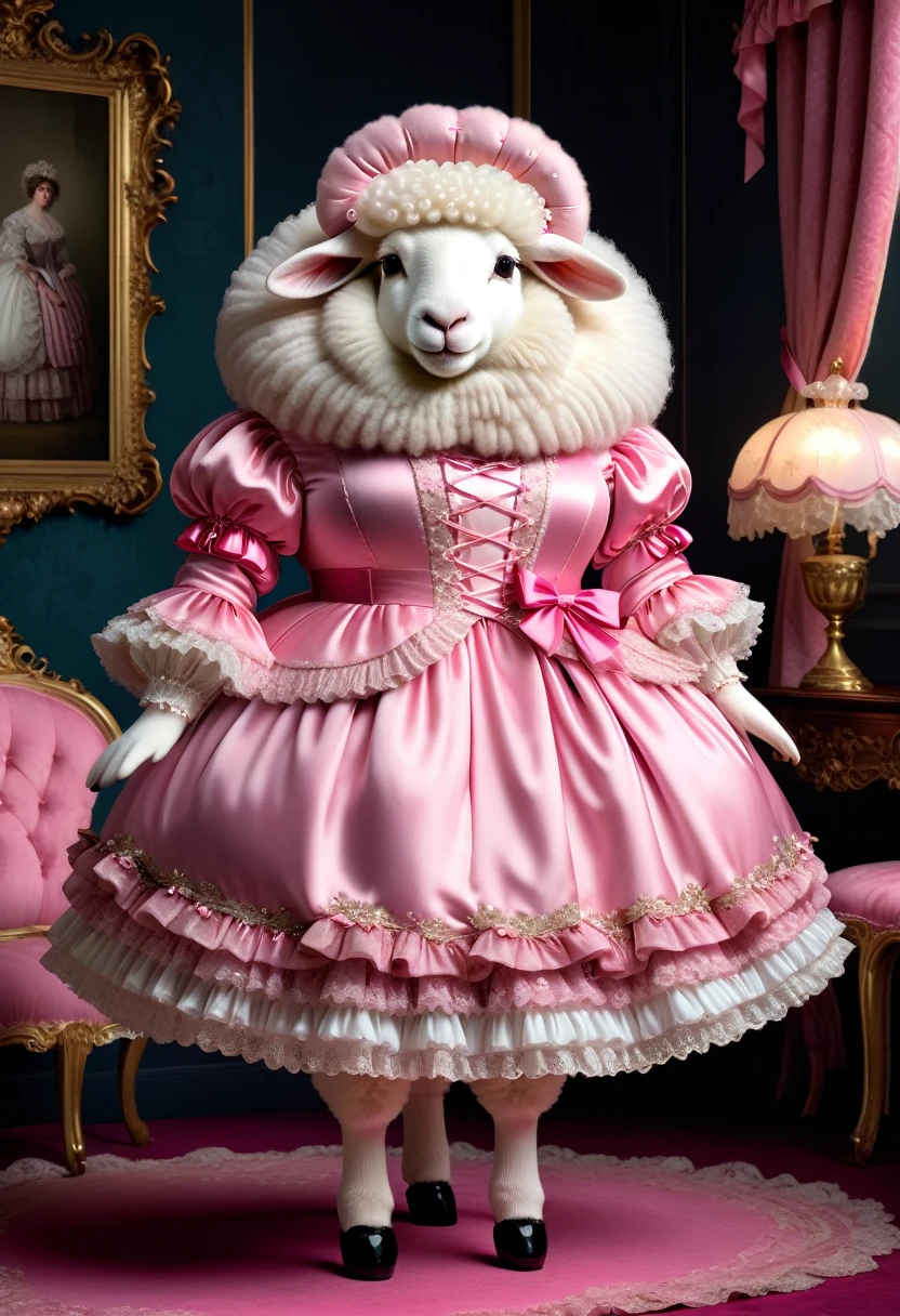 photorealistic portrait of Dressed animals-a ((fat)) ((angora sheep)) princess,(furry), (elegant pose:1.5), (hands on hips:1.5),(smile:1.5),high quality,(),(lovely) ,intricate details, Wearing Gothic & Lolita pink dress , ( brim on head), highly detailed ((dress with frills and ribbon)) ,highly detailed accessories, high sox , (happy), soft lighting,(full body image:2.0),in Rococo style room background,,score_9, score_8_up, score_7_up, score_6_up, score_5_up, score_4_up,