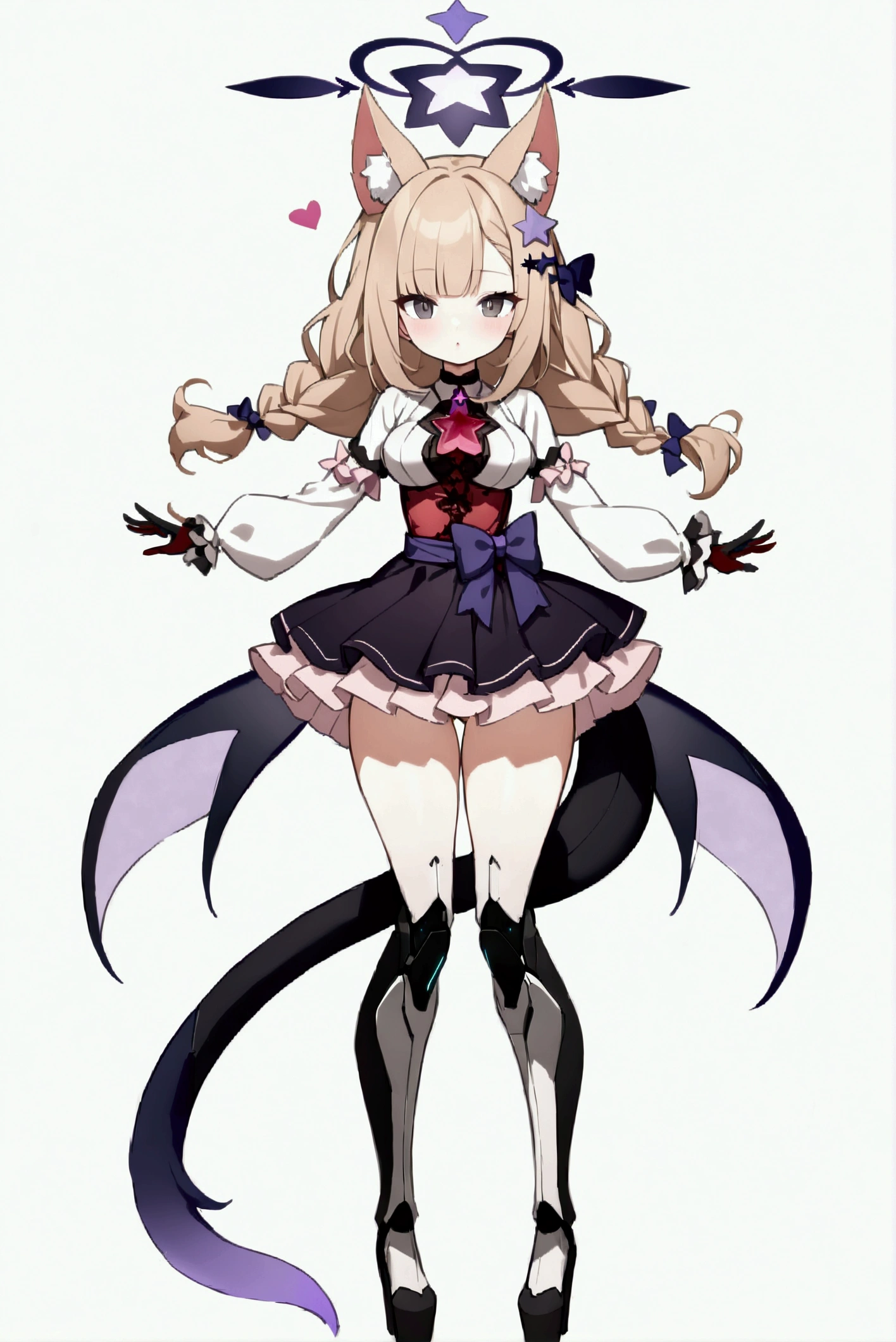 woman 170 cm tall, medium chest, wide hip, slim build, charming look, ((whole body)), (((character design sheet: front view))), (dark blonde hair, ((hip length wavy hair, asymmetrical bangs, star hairpin)), (She has a short braid tied with an elegant purple ribbon on the left side of her hair above her chest), (She has a short braid tied with an elegant purple ribbon on the right side of her hair above her chest), small hair bows at the back of your hair.), ((Gray eyes with a pink 4-pointed star in the pupil.)), (Two black and purple fox ears located on the top of the head.), (Luminous black horizontal halo with purple star patterns above head), He has a black collar with a heart emblem on his neck., (Elegant long one piece dress, Thigh-length lace and ruffle skirt, large bow at the back of the hip, ribbon decorations and star patterns on the dress), black ruffled gloves, Black platform heels, gray belt at the waist with a large ribbon with a luminous pink heart in the middle, ((It has a small succubus tail that ends in the shape of a heart.)), (((It has complex mechanical legs that reach up to the thighs., black color with small red and purple details.))), extremely detailed beautiful hair, beautiful detailed dress, extremely detailed arms, extremely detailed face, (Extremely detailed hands), perfect hands, small face, Beautiful detailed eyes, beautiful detailed lips, adorable, extremely detailed legs, (Best Quality, 4k, high resolution), ultra detailed, Exquisite and epic character art, ((White background)), (Focus on symmetry).