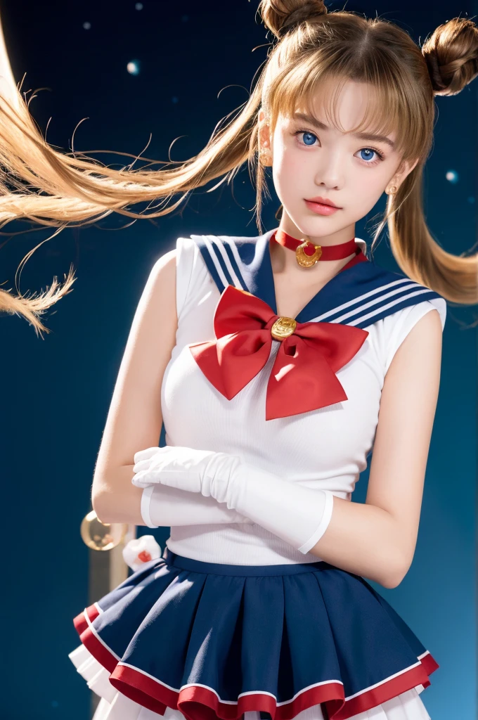 masterpiece, Highest quality, Sailor Moon,One girl, Long Hair,jewelry, Sailor Warrior Uniform, Blue sailor collar,Blonde, Red choker,White gloves, Twin tails, Red Bow, Blue Skirt, blue eyes, Hair Bun,whole body