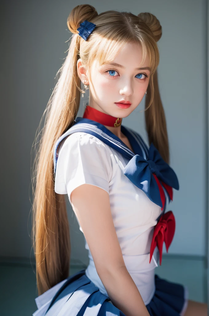 masterpiece, Highest quality, Sailor Moon,One girl, Long Hair,jewelry, Sailor Warrior Uniform, Blue sailor collar,Blonde, Red choker,White gloves, Twin tails, Red Bow, Blue Skirt, blue eyes, Hair Bun,whole body