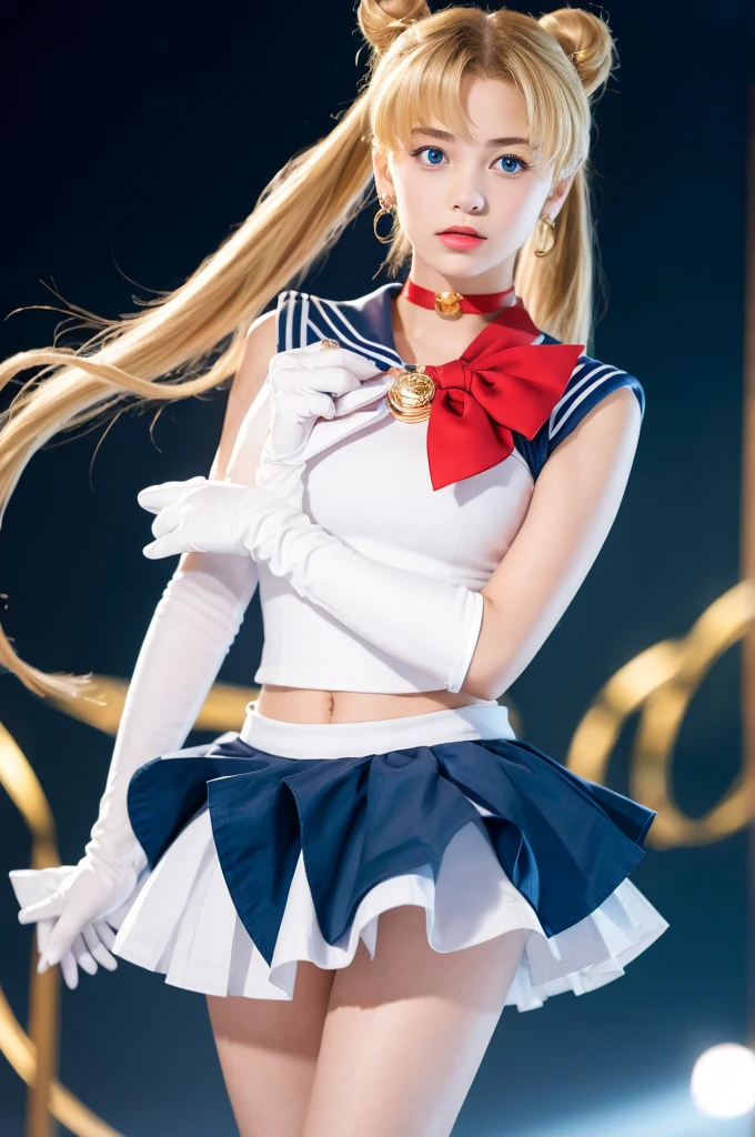 masterpiece, Highest quality, Sailor Moon,One girl, Long Hair,jewelry, Sailor Warrior Uniform, Blue sailor collar,Blonde, Red choker,White gloves, Twin tails, Red Bow, Blue Skirt, blue eyes, Hair Bun,whole body
