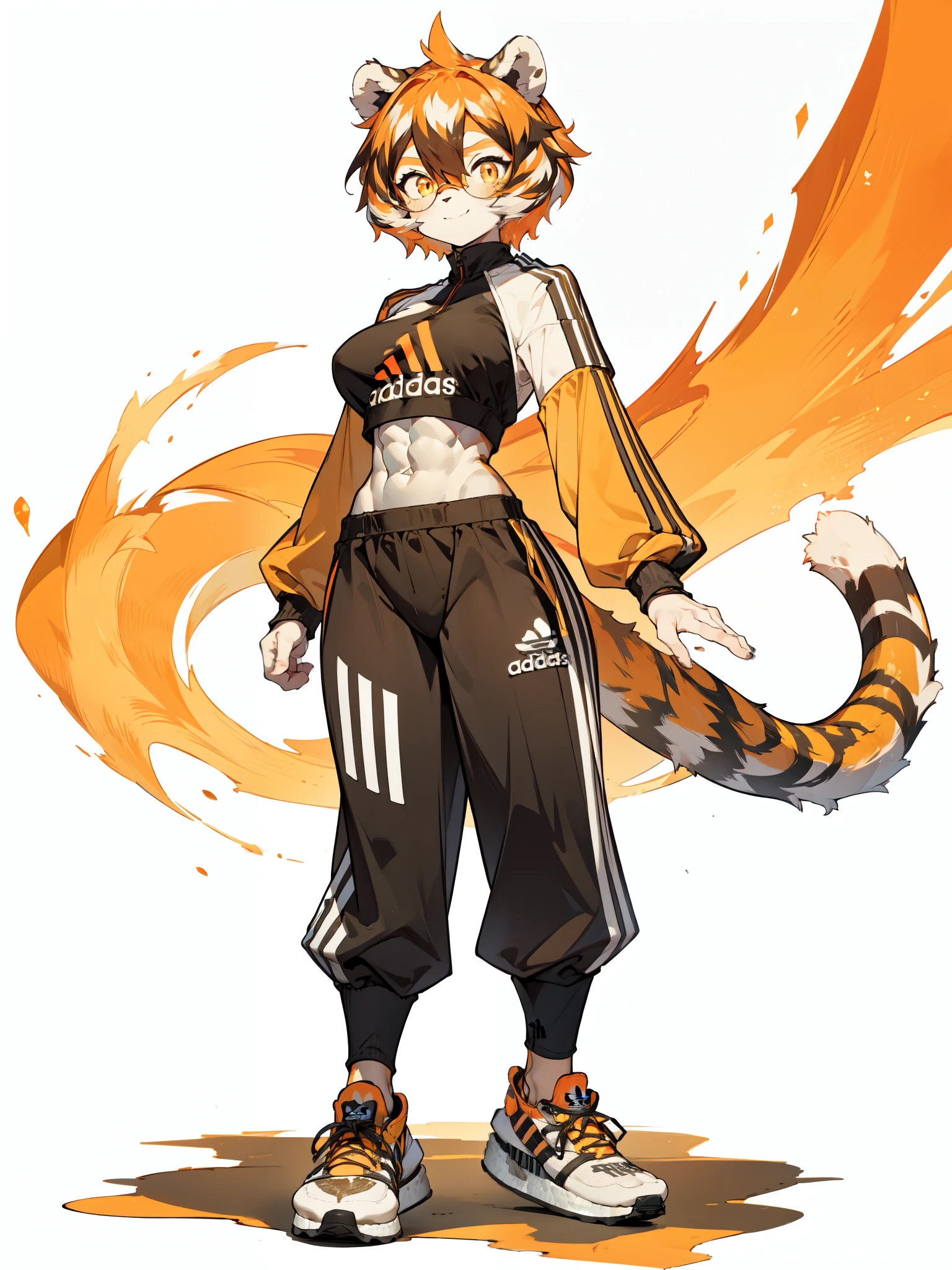 white background, full body,1girl，solo, Standing, animal ears, white hair, black hair, short hair, large breasts, Abdominal muscles,, tail, orange eyes, orange hair, multicolored hair, tiger girl, hair between eyes, tiger_ears, tiger_tail, orange-tinted_eyewear, tinted_eyewear, big breasts, evil smile, Shadows under feet,  (((Adidas outfit:1.2))),