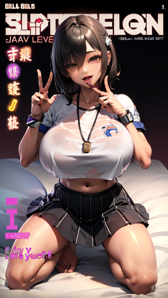 ((JAV Cover:1.8, Big Titles, Countless insults、 POP title text:1.8)),(software:1.8, Highest quality、Highest quality、masterpiece、Ultra-high resolution, 8k, RAW Photos, Realistic: 1.4), (Safe and secure、everyone、safety sensor、Absolutely safe, safety), Indirect lighting to suit your space、From feet to head、One Girl, the body is slim、Oval Face, pore, (Multi-color contact lenses、Lip gloss, Long eyelashes), (Mega size super big breasts:1.5), ) (Detailed pupil, Perfect Eyes:1.2), (Reflects light、Shiny clothes that show wrinkles:1.2), (A lot of ear piercings), necklace, latex, Attractive perfect female proportions, Fine surface texture, high school girl 、Captivating woman、pixie short hair、break 、White yellow hair color、(White shirt and black pleated skirt:1.8)、relax、break、(Shiny pink gloss lip、fix makeup:1.3), Big cleavage、(Sexy bed in a neon-lit Japanese love hotel:1.8)、(Squint your eyes:1.3,Please open your mouth wide:1.2、Ecstatic face:1.2、Blowjob Gestures:1.8), Take a look at the screen、(From head to toe、Bills and underwear scattered on the bed:1.8)、