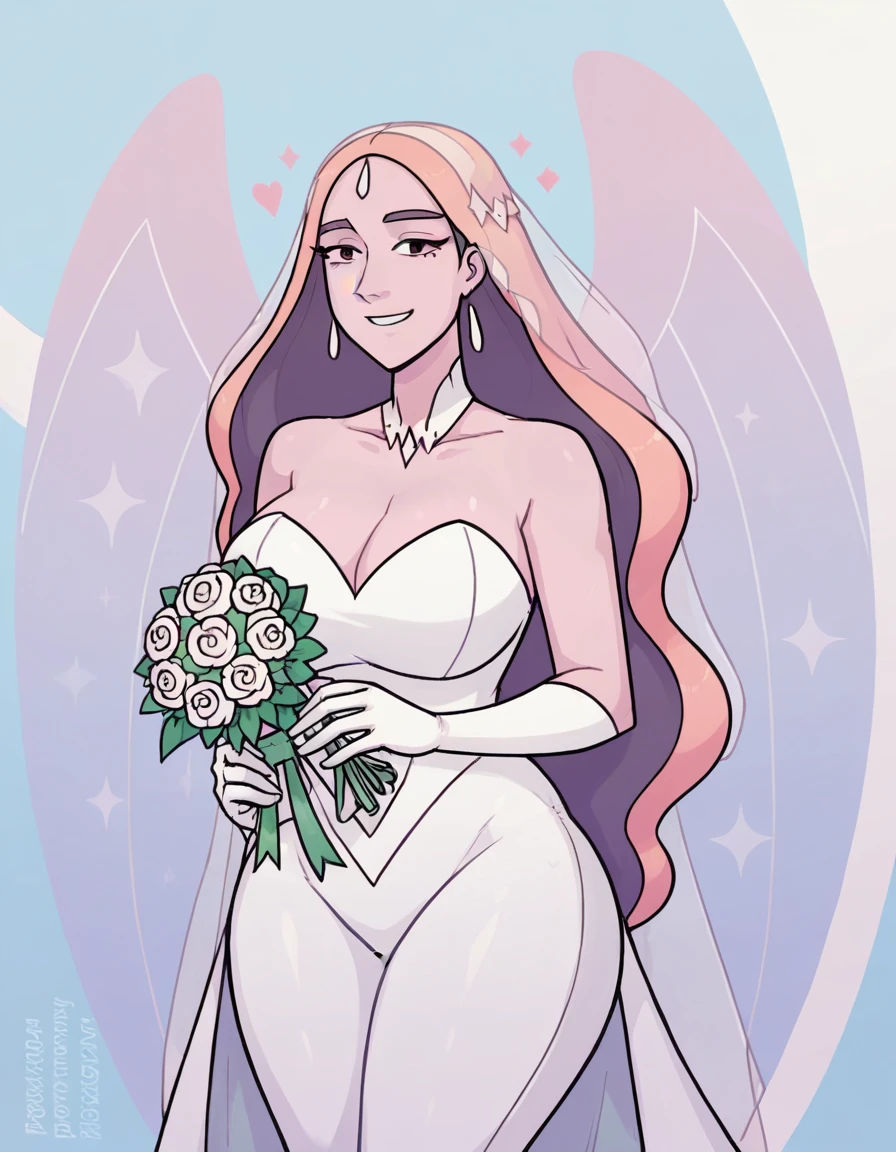 queen angela (she-ra and the princesses of power), very smiling, Women, huge breasts, huge butt. wearing a wedding dress, beautiful wedding costume, without veil, holding a bouquet of flowers, alone, on a wedding altar