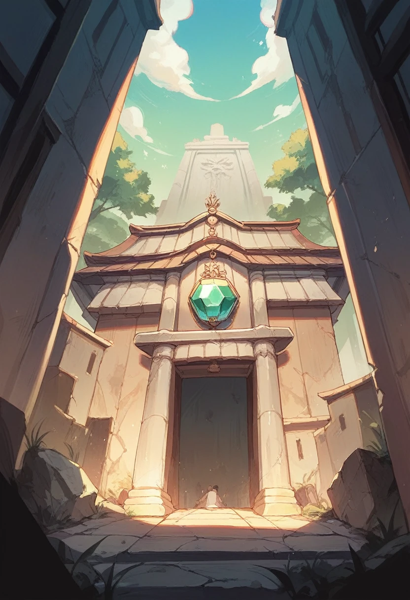 a boy suffering from touching a huge gem in an abandoned temple at night
