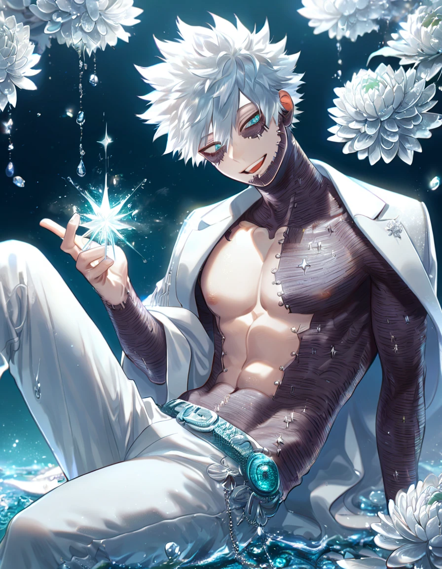 absurdres, highres, ultra detailed, HDR, master piece, best quality, extremely detailed, Dabi, white hair, expressive turquoise eyes, Boku No Hero Academia, solo, sexy man sitting, handsome, smile, white coat, without shirt, white pants, fantasy, water, sparkling, silver glittering fireflies, silver moon, silver blossoms, silver chrysanthemums, silver sparkling lights, starry sky, magical