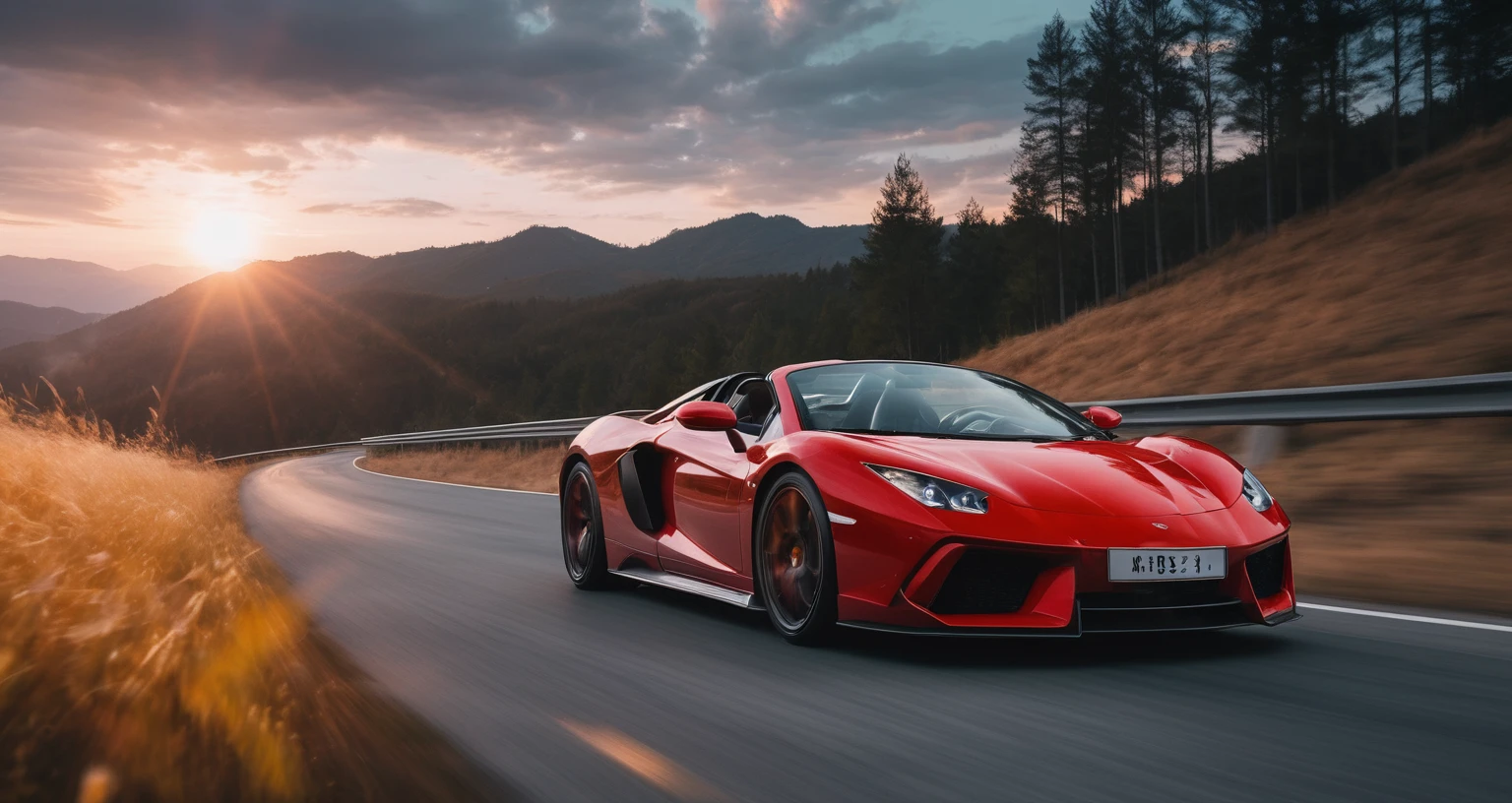 Sports car photos，A red sports car is on the right side of the photo.，Overlooking，Frontal of the car，amazing，Drive on the highway，Showing speed and passion，Red photos，detail强化，blur background/Bokeh，Bright with natural light，Ray Tracing，Sunset sky，forest，Hill in the distance，Highly detailed environments，Low depth of field，HD，detail，8k，lens flare，Sunlight,