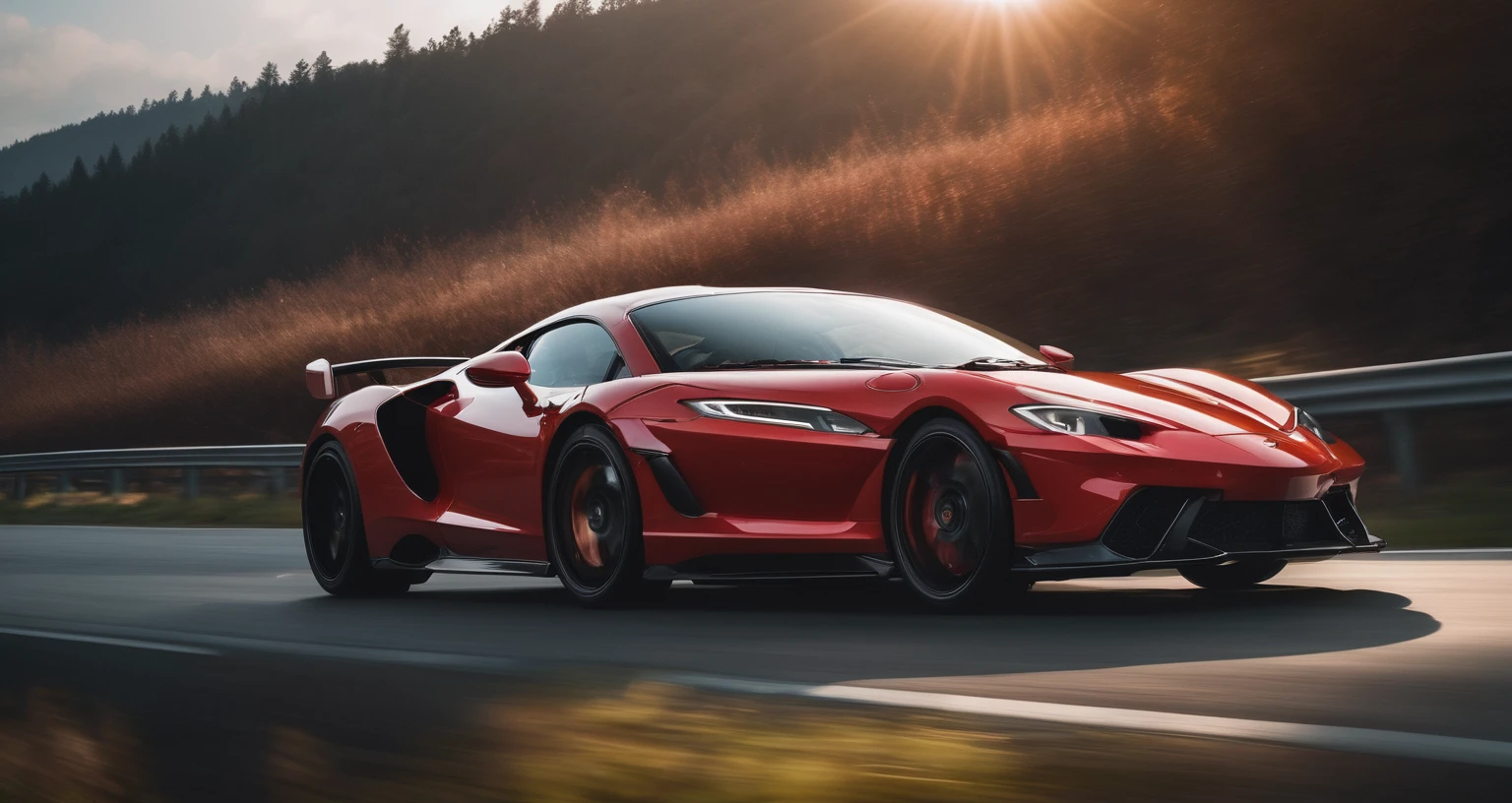 Sports car photos，A red sports car is on the right side of the photo.，Overlooking，Frontal of the car，amazing，Drive on the highway，Showing speed and passion，Red photos，detail强化，blur background/Bokeh，Bright with natural light，Ray Tracing，Sunset sky，forest，Hill in the distance，Highly detailed environments，Low depth of field，HD，detail，8k，lens flare，Sunlight,