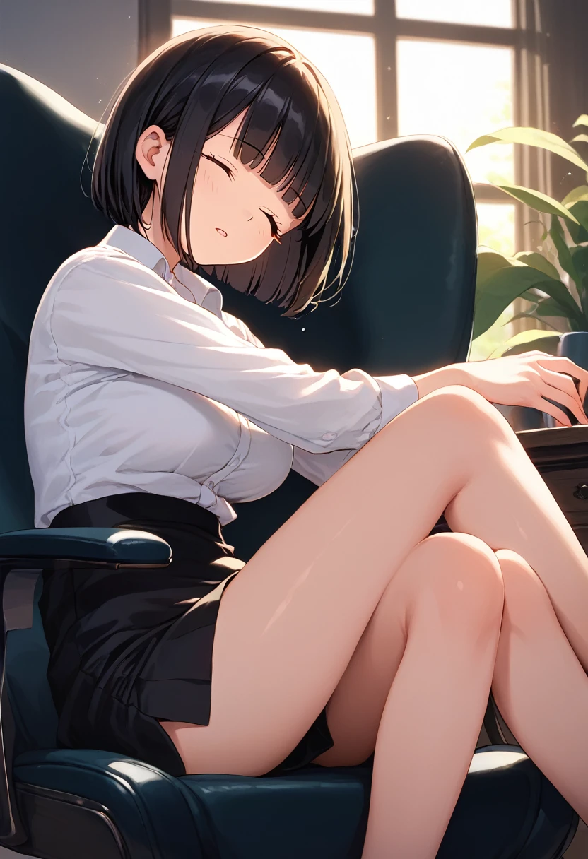 score_9,score_8_up,score_7_up,masterpiece,best quality, source anime, official art, super detailed, extreme detailed, rating_safe,
1girl, sitting on chair, (tilt head:1.2), sleeping, 
BREAK girl, 22yo, short hair, bob cut, (blunt bangs), black hair, (tareme, detailed cute brown eyes), curled eyelashes, (large breasts:0.9), 
shiny hair, beautiful detailed eyes, beautiful face,
slender, small ass, slim legs,
white collared shirt, black tight mini skirt,  
(closed eyes:1.2), parted lips, drooling,
office, night, dark room, dark background, dim light, screen light, Low-key lighting Style
