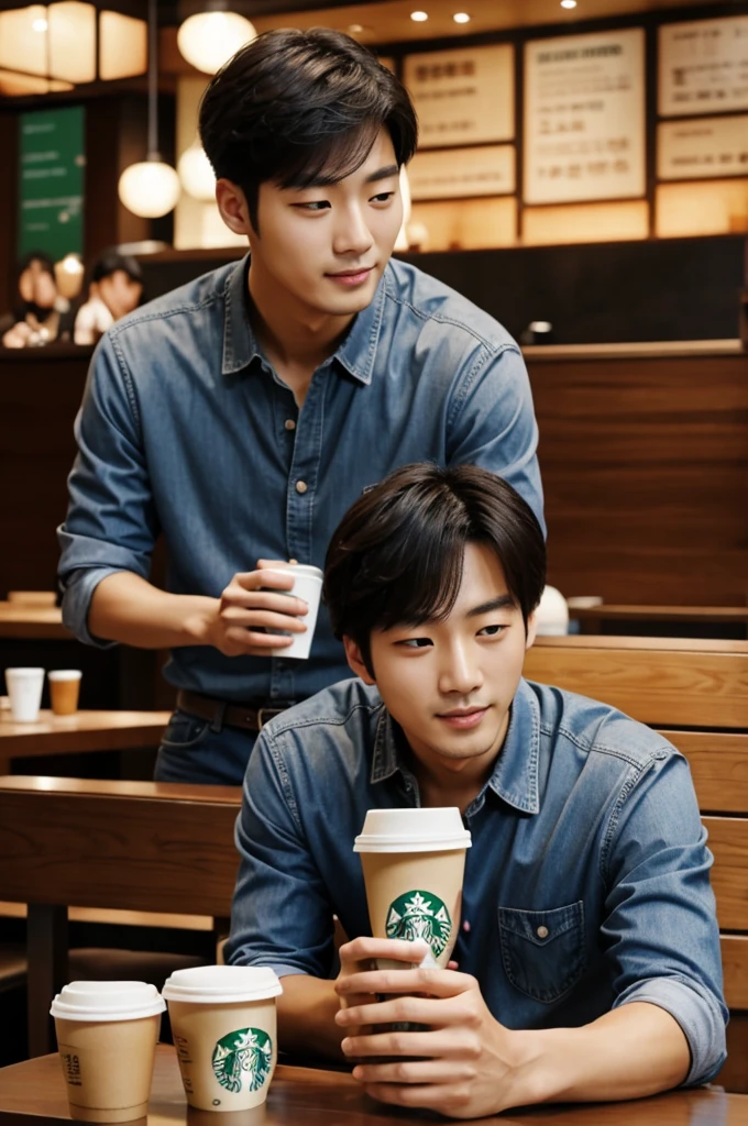 Masterpiece, best image,korean,1guy,Starbucks,dating,holding coffee,,seating,