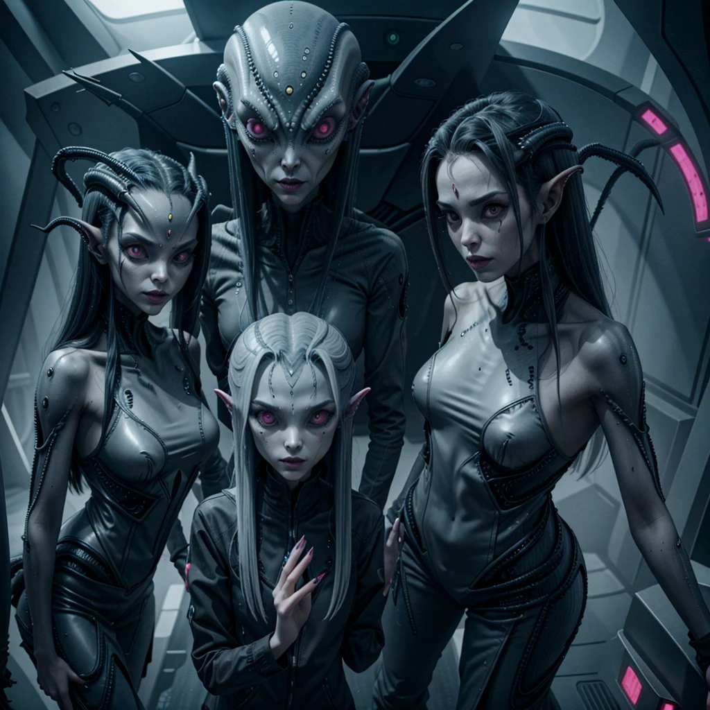 3 female evil menacing grey aliens with long fingers