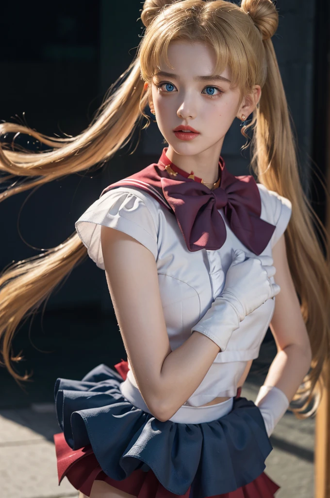 masterpiece, Highest quality, Sailor Moon,One girl, Long Hair,jewelry, Sailor Warrior Uniform, Blue sailor collar,Blonde, Red choker,White gloves, Twin tails, Red Bow, Blue Skirt, blue eyes, Hair Bun,whole body