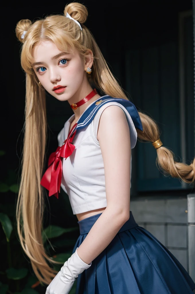 masterpiece, Highest quality, Sailor Moon,One girl, Long Hair,jewelry, Sailor Warrior Uniform, Blue sailor collar,Blonde, Red choker,White gloves, Twin tails, Red Bow, Blue Skirt, blue eyes, Hair Bun,whole body