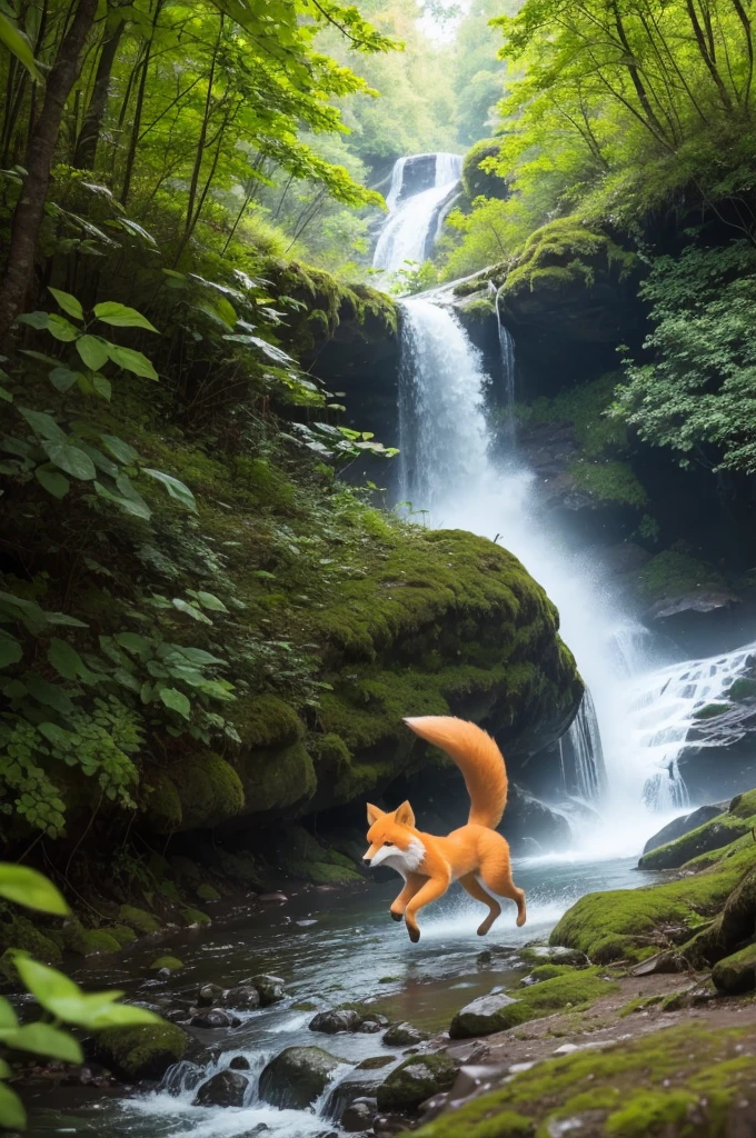 a youtube banner of an orange fox running in a forest during the day with several flowers and a waterfall in the background