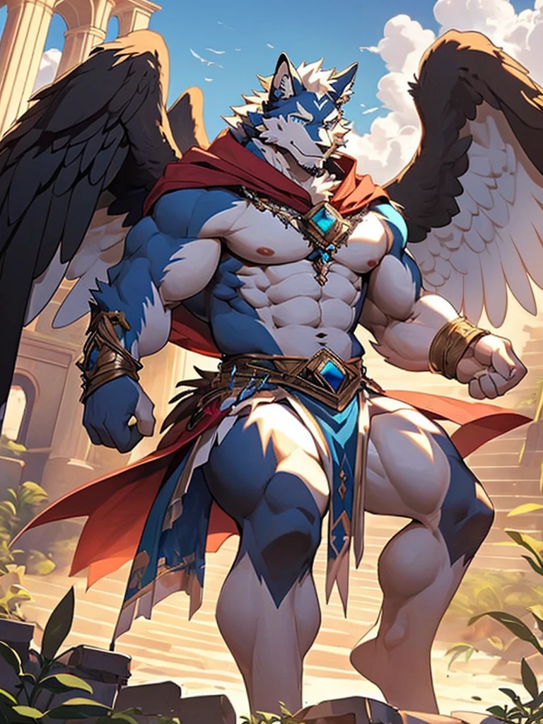 Ultra-clear white wolf,Half-length figure,The only person ,nude, There is a pair of devil horns above the ears.. ,Two pairs of angel wings with black feathers, The wings are large and small, Clear blue eyes, Handsome smile, White cape,White loincloth, Bare chest muscles, Waiting for someone to fall into your arms ,cloudy day, ruins, A masterpiece of the highest quality ,Exquisite details,Correct structure