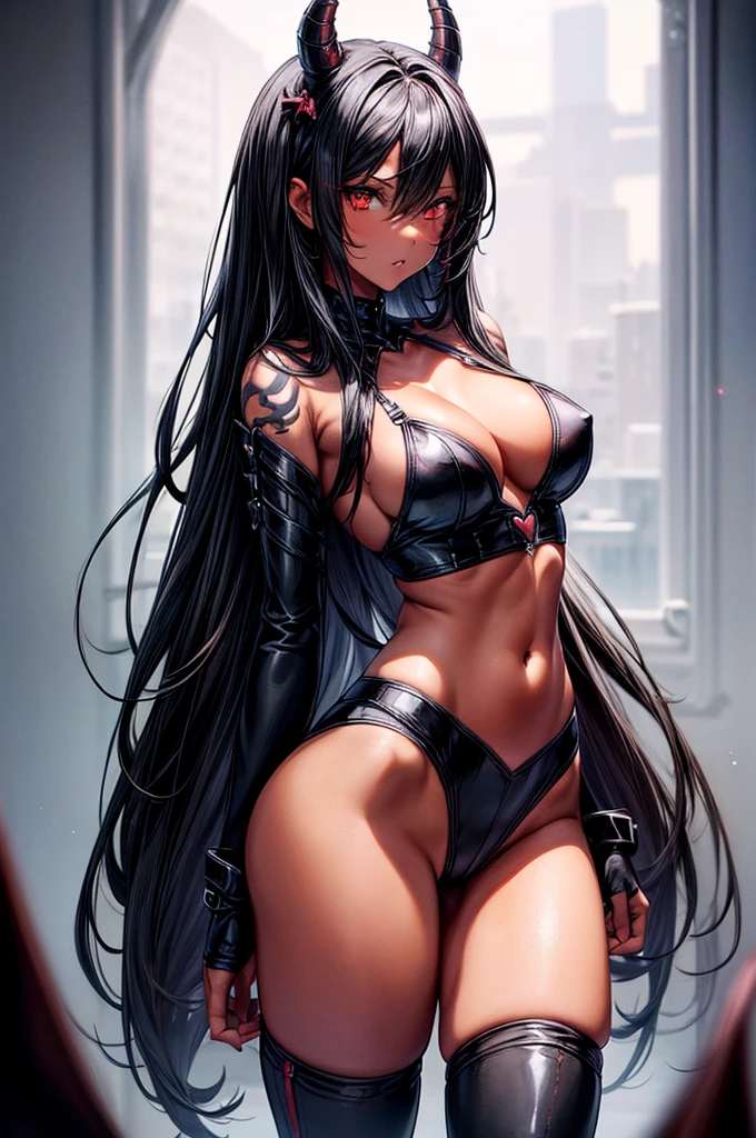 masterpiece, super detailed, high resolution, precision art, highly seductive anime girl. sexy and alluring, flawless dark red demonic skin, succubus, symmetrical face, beautiful olive eyes, flowing black hair, her very presence oozes seduction and allure, S-shaped body, black onyx colored horns jutting out her forehead, heart shaped tail protruding from her back, sexy and arousing slender and thin yet chiseled with enticing breasts, intricate and beautiful heart shaped tattoo engraved on her stomach, wearing spaghetti strap crop-top and form-fitting leggings that accentuate her round ass, hip-level shot