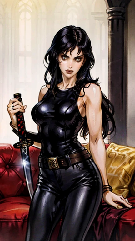 A beautiful woman with long shiny black hair, choppy bangs, a delicate face, a cold proud gaze, a fit figure, a fantasy-style high-necked leather breastplate top, sleeveless, exposes her waist, a bracelet adorns her wrist, tight-fitting leather pants, her right hand holds a Katana with a blue scabbard, she lounges casually sitting on a sofa, this character embodies a finely crafted fantasy-style bounty hunter in anime style, exquisite and mature manga art style, (Alexandra Daddario:1.2), high definition, best quality, highres, ultra-detailed, ultra-fine painting, extremely delicate, professional, anatomically correct, symmetrical face, extremely detailed eyes and face, high quality eyes, creativity, RAW photo, UHD, 32k, Natural light, cinematic lighting, masterpiece-anatomy-perfect, masterpiece:1.5