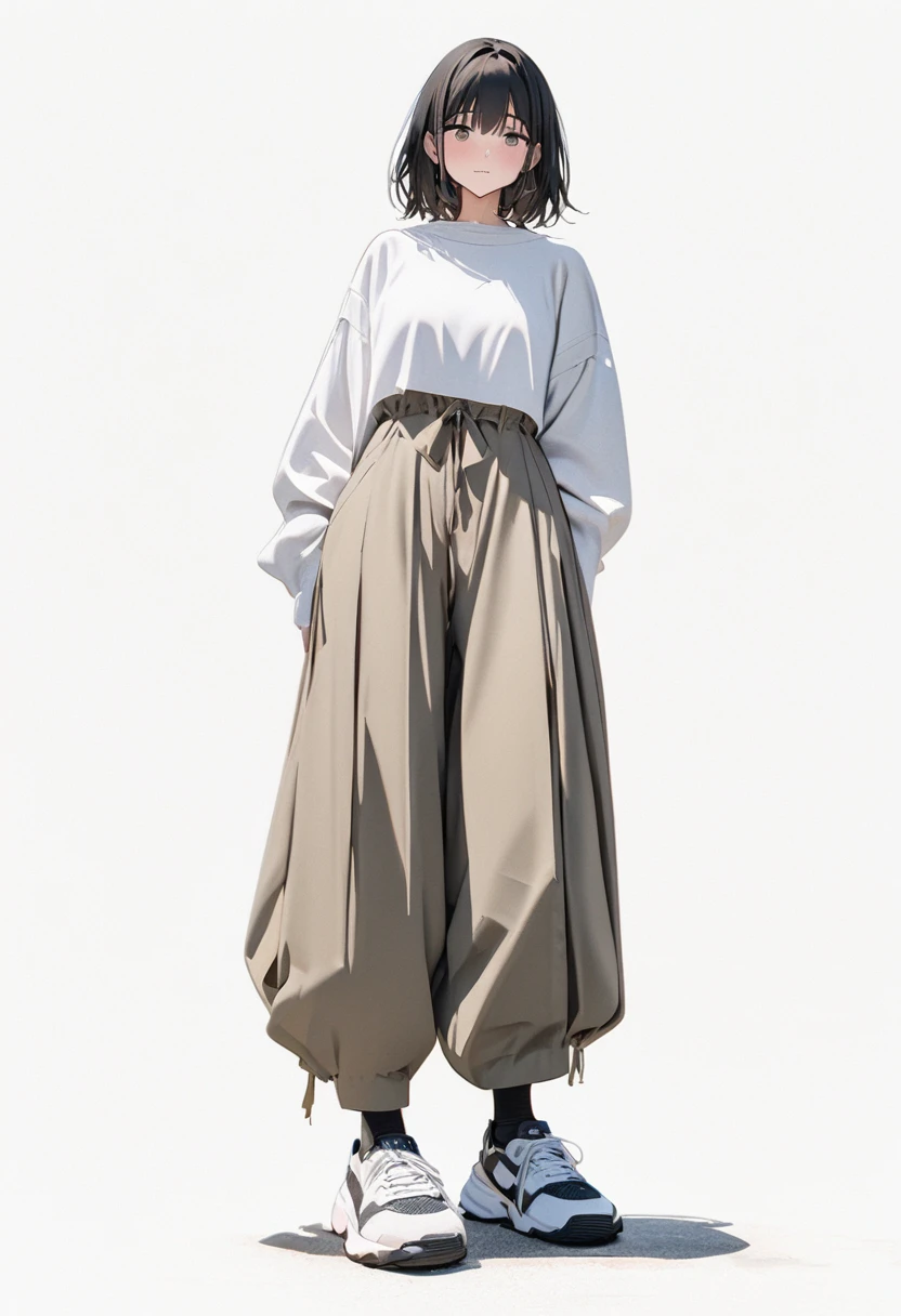 (Masterpiece, Best picture quality: 1.2, 8K), centered, full length, one girl, Japanese casual fashion, wide pants, simple sneakers, simple background, white background #ffffff,, eyes open