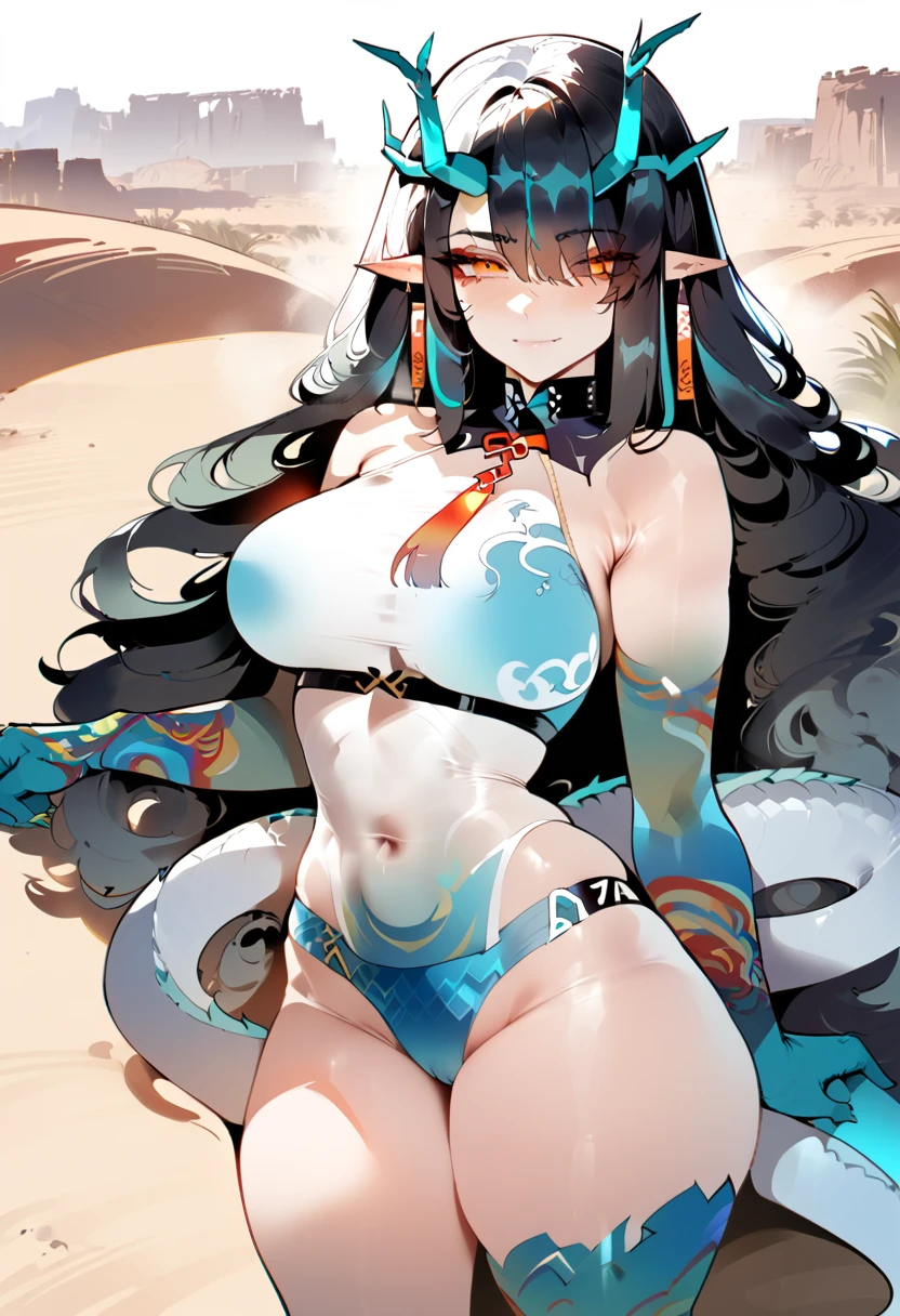 1girl, dusk \(arknights\), arknights,(masterpiece, best quality), newest, ,turquoise bikini, by nyantcha, black hair, horns, by omone hokoma agm, dragon tail, day, desert, orange eyes, scales in arms , happy ,