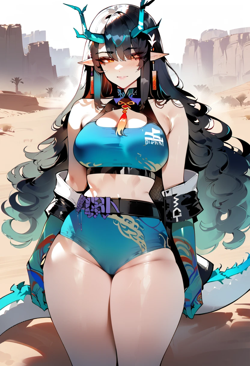 1girl, dusk \(arknights\), arknights,(masterpiece, best quality), newest, ,turquoise  bikini, by nyantcha, black hair, horns, by omone hokoma agm, dragon tail, day, desert, orange eyes, scales in arms , happy , 