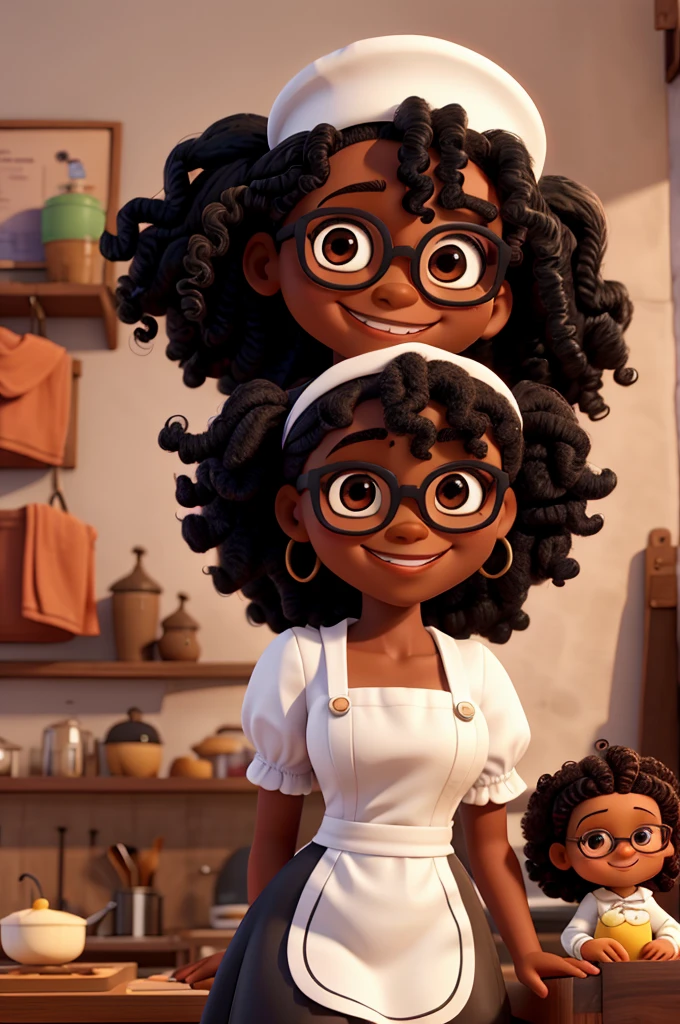 Uma boneca negra de cabelo cacheado e Grinning, and a black doll with curly hair, With glasses, Grinning, with white apron and white pastry hat, making sweets