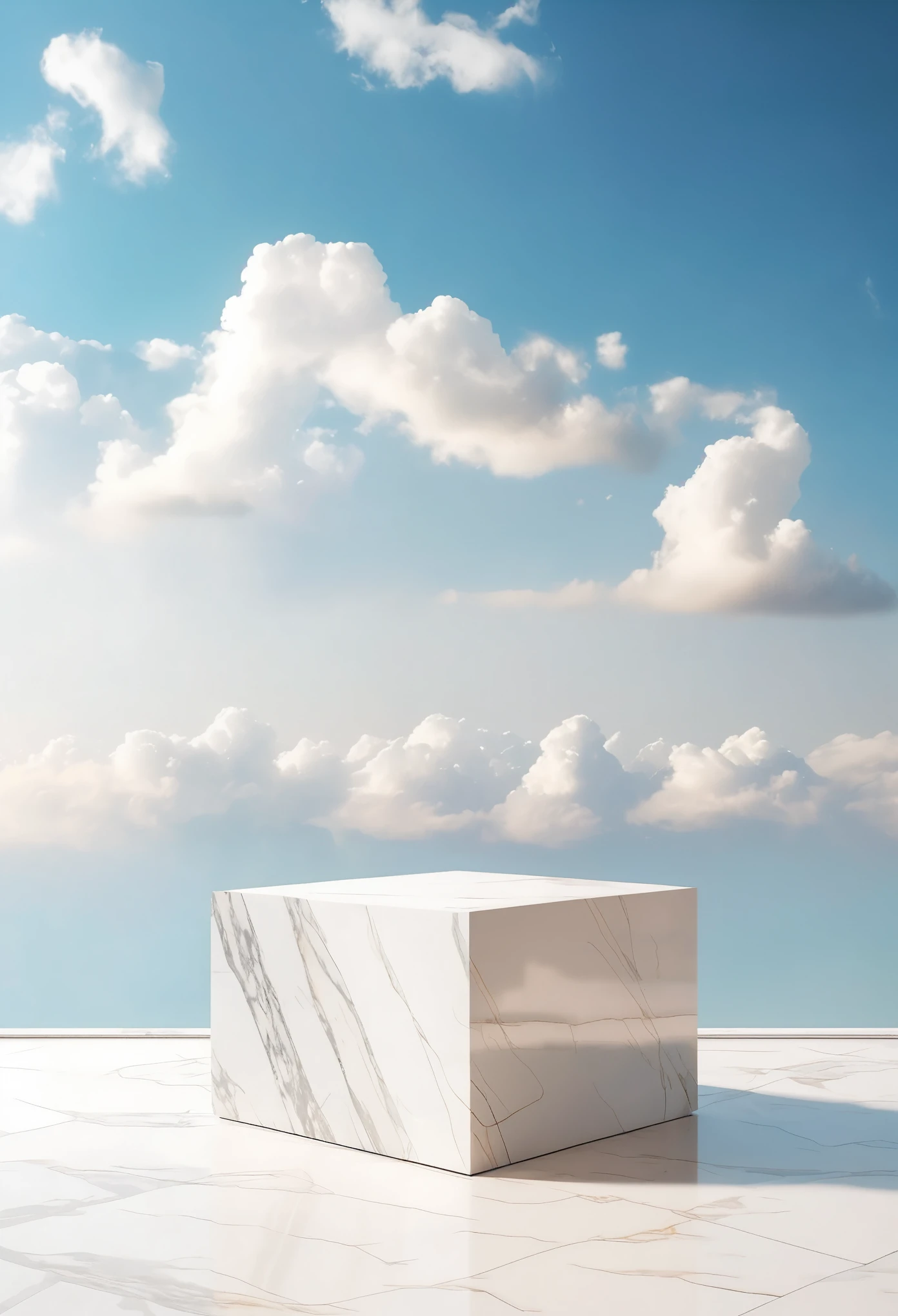 Geometric white podium，marble material，Minimalism，Cloud Background