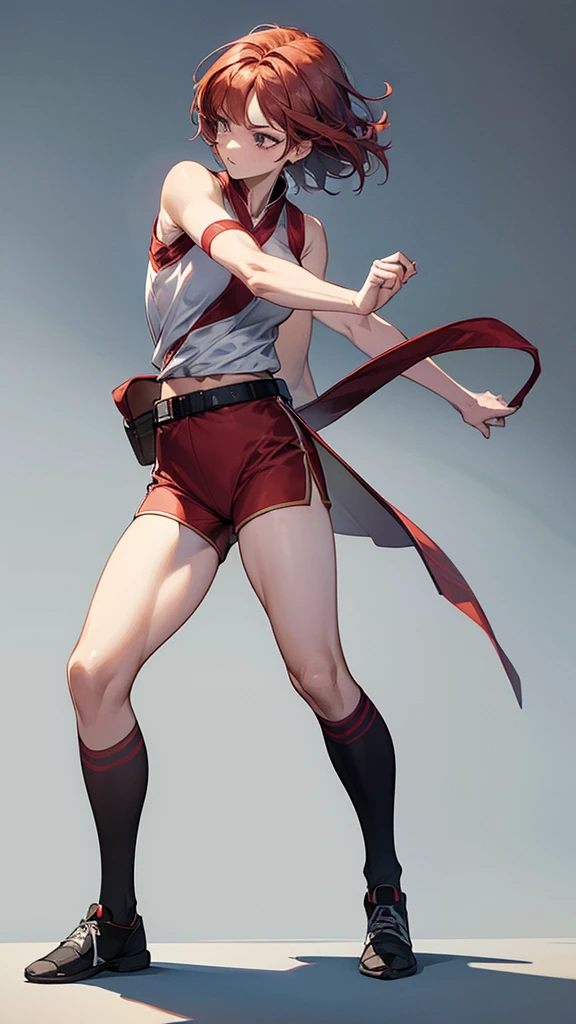 {{masterpiece}}, {{{best quality}}},{{ultra-detailed}}, {{illustration}},{{tall stature}},{{adult women}},,{{fighting stance}}Leggings with integrated shorts, Female Fighter Red hair short cut Sleeveless uniform Martial Arts Belt ,full body,