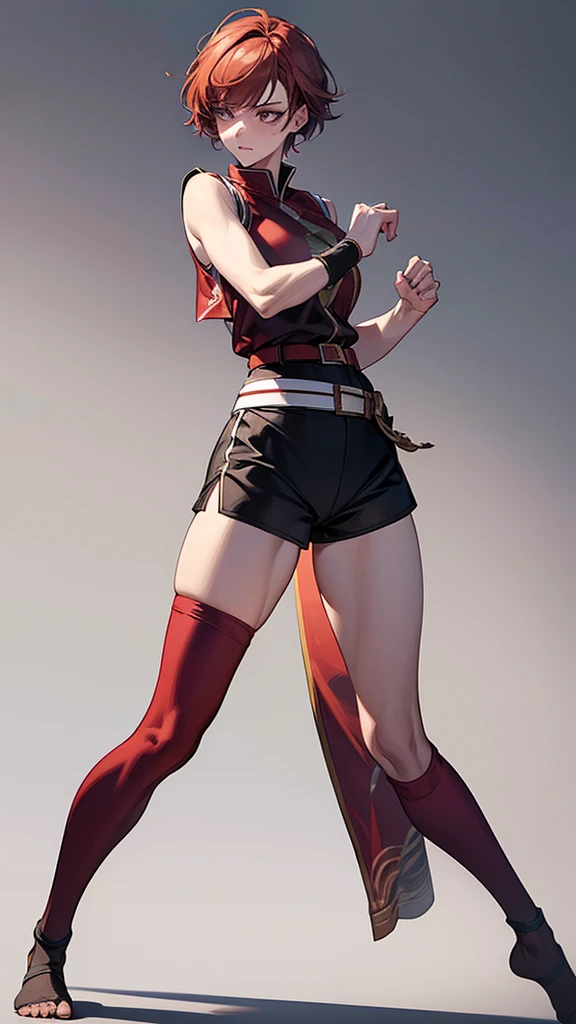 {{masterpiece}}, {{{best quality}}},{{ultra-detailed}}, {{illustration}},{{tall stature}},{{adult women}},,{{fighting stance}}Leggings with integrated shorts, Female Fighter　Red hair short cut　Sleeveless uniform　Martial Arts Belt　,full body, 