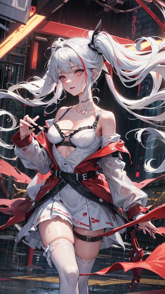 realistic, anime, 1girl,bangs, twintails, long hair, small breasts, off shoulder, white hair, rainbow hair, oversized T-shirt, white T-shirt, black bra, bare legs, thigh, cleavage, collarbone, (extremely detailed CG unity 8k wallpaper, masterpiece, best quality, ultra-detailed, best shadow), (masterpiece:1.2, best quality), very red eyes, sweat, soft body, cute, arm strap, thigh strap, multicolor eyes, outside, out door, raining, night, wet cloths, standing, standing in the rain, wet hair, wet skin, see through, (heavy rain), ruined building, messy ground, bullet shells on ground, dust, wounds, walking, jacket, tactical suit, military equipment, (night), white legwear, wet thighs, ((lotion)), from behind, (wet), dress, skirt, , happy, happy expression, thighs, from below, horizon, \(weapon\)
