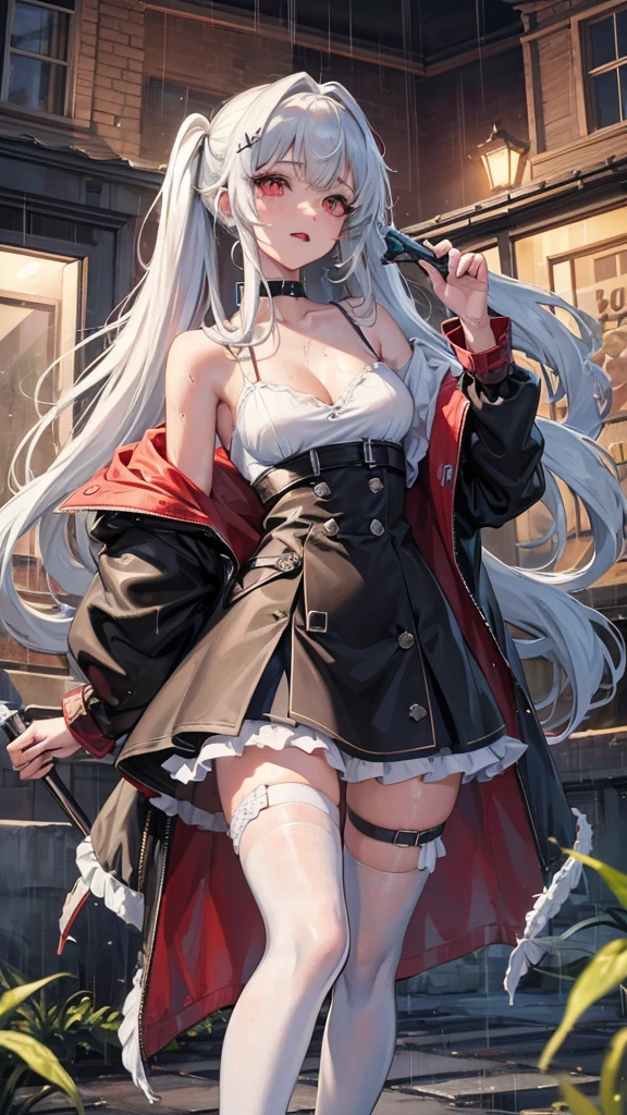 realistic, anime, 1girl,bangs, twintails, long hair, small breasts, off shoulder, white hair, rainbow hair, oversized T-shirt, white T-shirt, black bra, bare legs, thigh, cleavage, collarbone, (extremely detailed CG unity 8k wallpaper, masterpiece, best quality, ultra-detailed, best shadow), (masterpiece:1.2, best quality), very red eyes, sweat, soft body, cute, arm strap, thigh strap, multicolor eyes, outside, out door, raining, night, wet cloths, standing, standing in the rain, wet hair, wet skin, see through, (heavy rain), ruined  building, messy ground, bullet shells on ground, dust, wounds, walking, jacket, tactical suit, military equipment, (night), white legwear, wet thighs, ((lotion)), from behind, (wet), dress, skirt, , happy, happy expression, thighs, from below, horizon, \(weapon\)