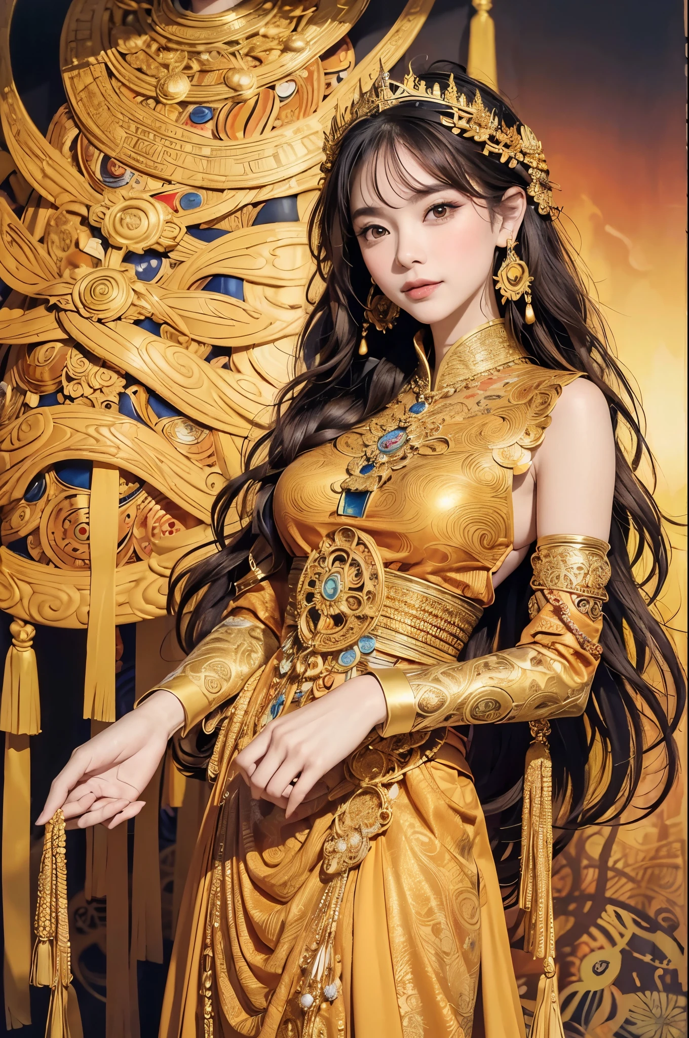 masterpiece Thai princess in gold, sunset fire by Gustavo Klimt, official art, unified 8k wallpaper, Super detailed, fair Beauty, (mThai princess, masterpiece, best quality, (Zentangle, mandala, Tangled, twist), (ecstasy flower: 1.2) Dynamic angle, modest Thai royal dress, happy smiles, The Most fair Chaotic Forms, grace, brutalist design, bright colors, atmosphere, Golden sunset, sun god, feather, fire, by Gustav Klimt