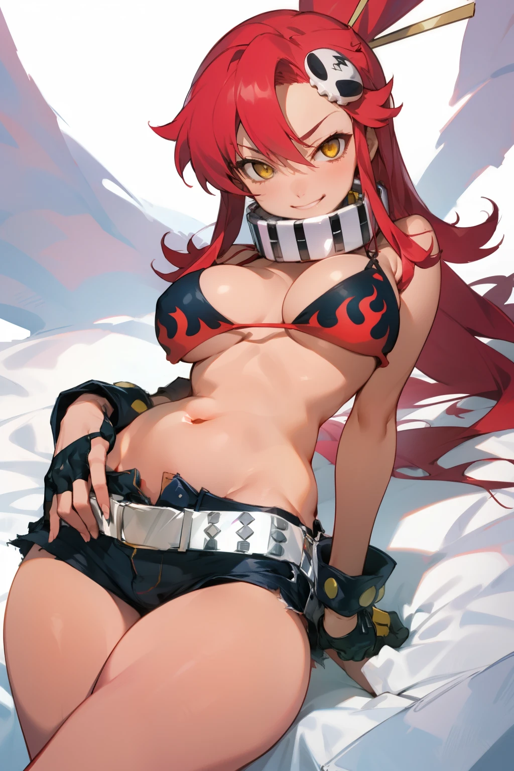 1girl, bikini, breasts, dark skin, gloves, flame print, hair ornament, long wave hair, Gray hair, dog collar, shorts, evil face, smirk, yellow eyes(empty eye), half-closed eyes, yoko littner, yokoli, best quality, masterpiece, sky, standing, Sexy waist teasing, womb tattoos, come-on, lure 