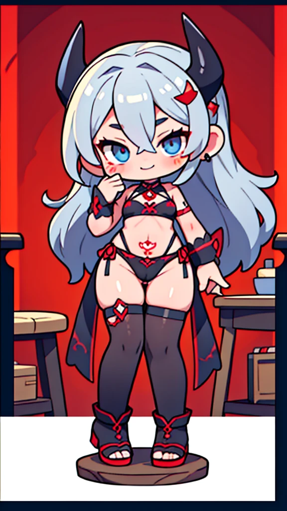 A lady with long gray hair, red eyes, wearing black nipple pasties, c-string pants, smile, devil, devil pattern, tattoo, devil horns, good figure, thin waist, Du Qiong, anime girl, belly button, no Regular nipple stickers, evil, seductive, eye-catching labia, pubic mound, camel toe, table, hands on the table, labia rub against the corner of the table,Stand at the corner of the table. Stand ,woman at the corner of the table, gentle, blue eyes,Du Qiong, smile, gentle, covering one eye, light blue eyes, hairpin, halodon't have excessive composition problems , masterpiece, perfect composition, fine characterization, extreme details, coordination of light and shadow (correct proportion of facial features), (exquisitely carved face), epic work, 8K, (representative work), ( high quality), (super detailed) , ((illustration)), skirt, black stockings