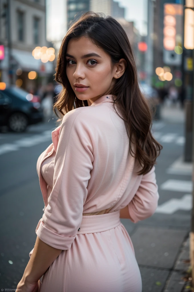 A beautiful woman, detailed expression, satisfied with the body, Wearing a pink dressing gown , Fashion 2024, posing for a photo from behind , sexy expression, instagram picture, (best quality,4K,8k,high resolution,artwork:1.2),ultra details,(realisitic,photorealisitic:1.37),HDR,ultra HD,natural lighting,ultra-fine painting,sharp focus,Physically based rendering,Extremely detailed description,proffesional,bright coloured,bokeh,portraits