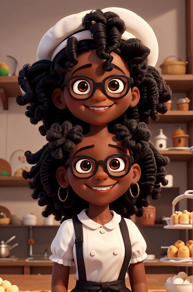 Uma boneca negra de cabelo cacheado e Grinning, and a black doll with curly hair, With glasses, Grinning, with white apron and white pastry hat, making sweets