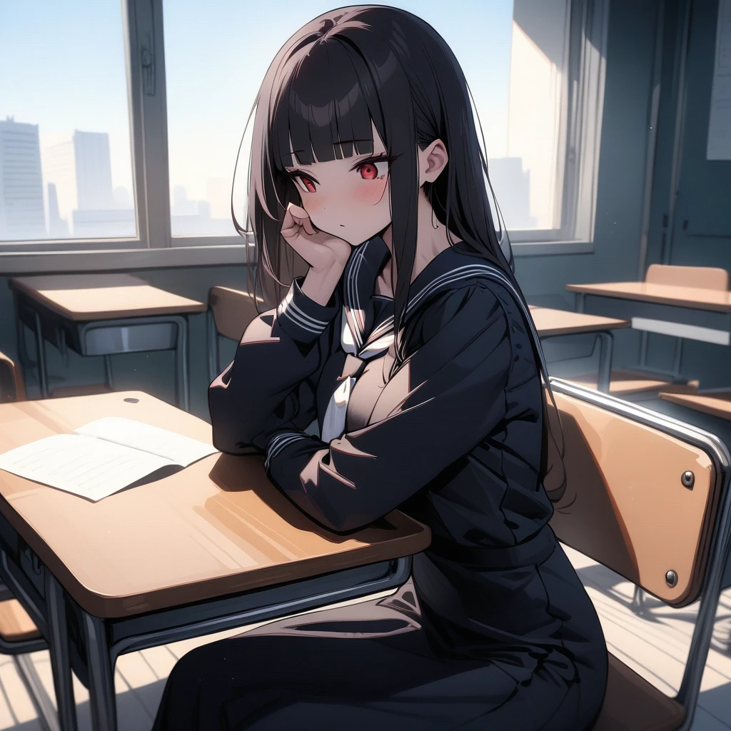 (masterpiece,best quality,very aesthetic),(ultra-detailed),(atlach-nacha,degenerate),1girl,20yo,Statuesque,curvy,tall,long hair, black hair,straight hair,(blunt bangs),beautiful red eyes,sleepy,Dimly,look down on with disdain,black serafuku in winter,long sleeves,(long skirt),white ribbon tie,daytime,Lazy afternoon sunlight,leather shoes,classroom,during class,hand on cheek,Elbows on the desk,sitting on chair,desk,chair,solo,looking away,cowboy shot,from side