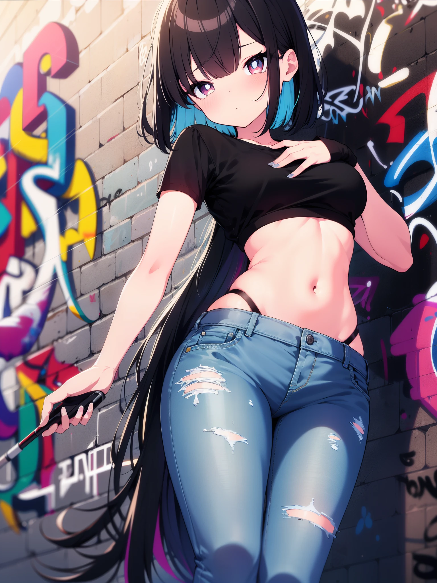 (best quality, ultra-high resolution, depth of field:1.2), 1woman, toned body, black hair, streaked hair, short hair, bangs, upturned eyes, medium breasts, black crop top, crop top overhang, wide hips, highleg panties, (denim jeans:1.2), (graffiti:1.4), paint-stained clothes, slouching, against the wall, head tilt, expressionless, hand on the chest