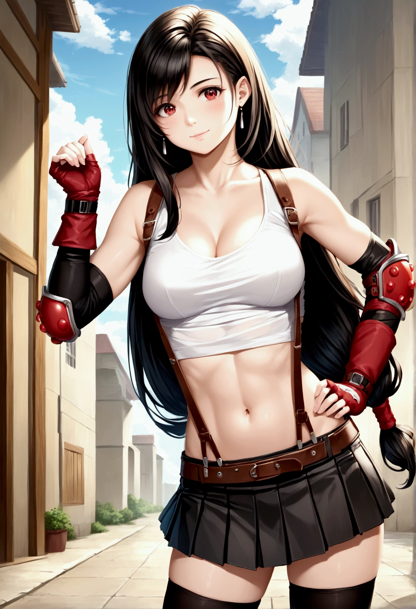 (score_9,score_8_up,score_7_up), masterpiece, best quality, 
newest, recent, perfect anatomy,
official art, best perspective, depth of field,,((UHD,photorealistic)),
very aesthetic, illustration, perfect composition,, ,from front,front view,top angle,,contrapost pose,(upperbody) ,,straight-on,Solo,1girl, tifa lockhart, final fantasy,black hair, low-tied long hair, red eyes, bangs, (white tank top,gap),High exposure，Belly exposure，the ribs，(belt, pleated skirt, thighhighs, elbow fingerless gloves, elbow pads, midriff, navel,suspenders.skirt),beautiful waist ,(large_breast:1.3),light smile,,hand on own hip,daytime,outdoor,, 　　
