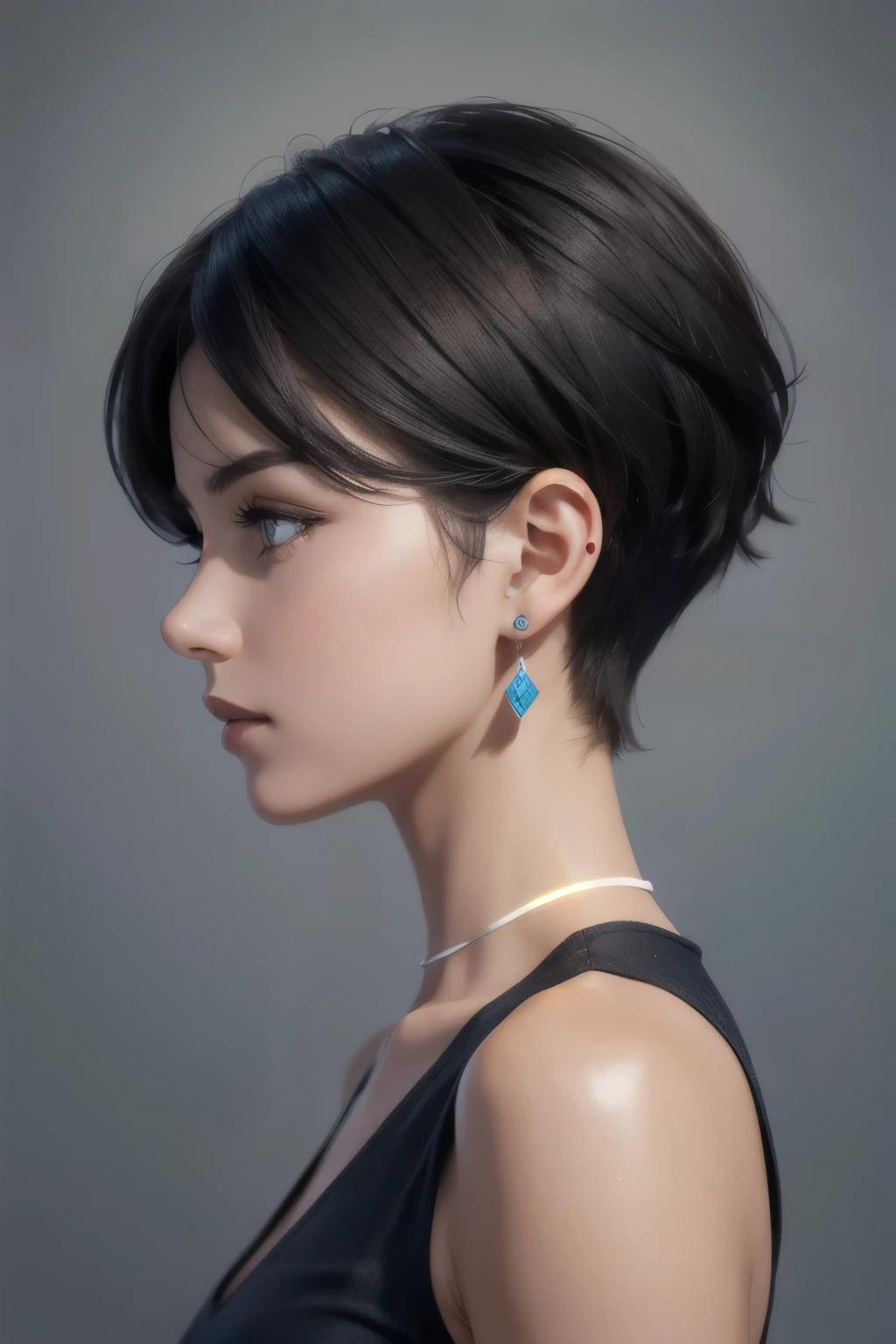 girl with low cut hair, profile, perfect side profile view, earings, 8k, high quality, simple background, glowing eyes, nice pose