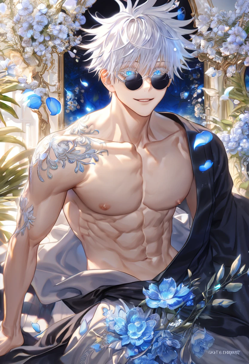 absurdres, highres, ultra detailed, HDR, master piece, Gojou Satoru, white hair with bangs, white eyelashes, expressive blue eyes, hair between the eyes, bare chest, toned chest, Jujutsu Kaisen, sexy man, room, handsome, best quality, flowers, fantasy, magical, solo, blue shining fireflies, blue petals, black round sunglasses, handsome smile, white baggy pants