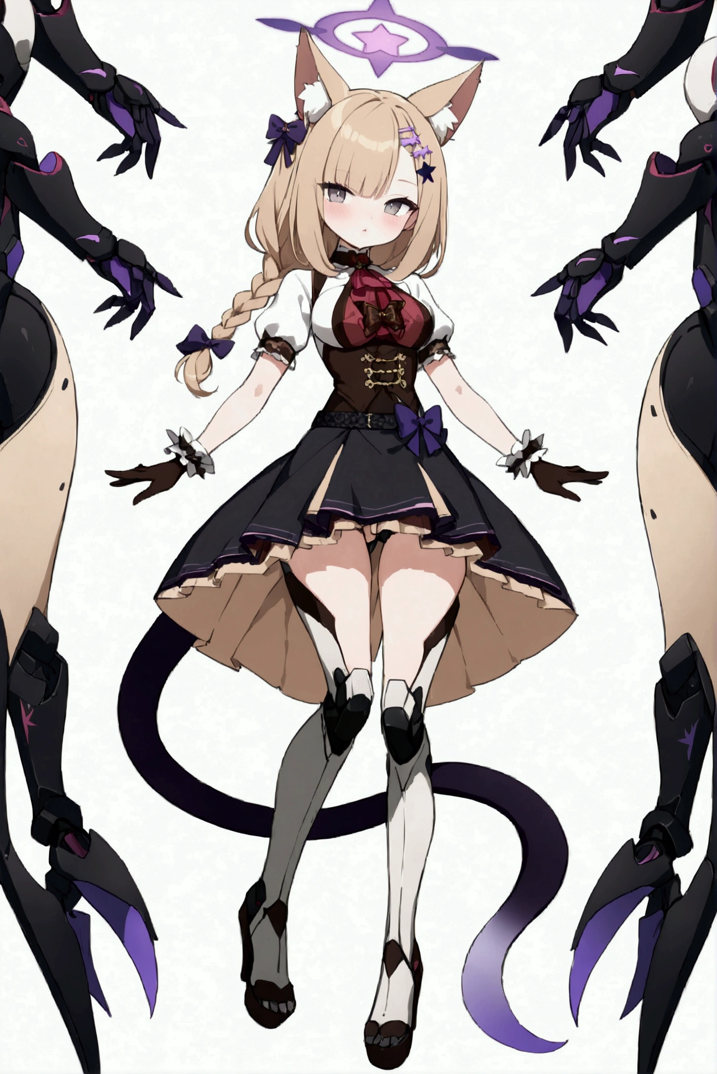 woman 170 cm tall, medium chest, wide hip, slim build, charming look, ((whole body)), (((character design sheet: front view))), (dark blonde hair, ((hip length wavy hair, asymmetrical bangs, star hairpin)), (She has a short braid tied with an elegant purple ribbon on the left side of her hair above her chest), (She has a short braid tied with an elegant purple ribbon on the right side of her hair above her chest), small hair bows at the back of your hair.), ((Gray eyes with a pink 4-pointed star in the pupil.)), (Two black and purple fox ears located on the top of the head.), (Luminous black horizontal halo with purple star patterns above head), He has a black collar with a heart emblem on his neck., (Elegant long one piece dress, Thigh-length lace and ruffle skirt, large bow at the back of the hip, ribbon decorations and star patterns on the dress), black ruffled gloves, Black platform heels, gray belt at the waist with a large ribbon with a luminous pink heart in the middle, ((It has a small succubus tail that ends in the shape of a heart.)), (((It has complex mechanical legs that reach up to the thighs., black color with small red and purple details.))), extremely detailed beautiful hair, beautiful detailed dress, extremely detailed arms, extremely detailed face, (Extremely detailed hands), perfect hands, small face, Beautiful detailed eyes, beautiful detailed lips, adorable, extremely detailed legs, (Best Quality, 4k, high resolution), ultra detailed, Exquisite and epic character art, ((White background)), (Focus on symmetry).