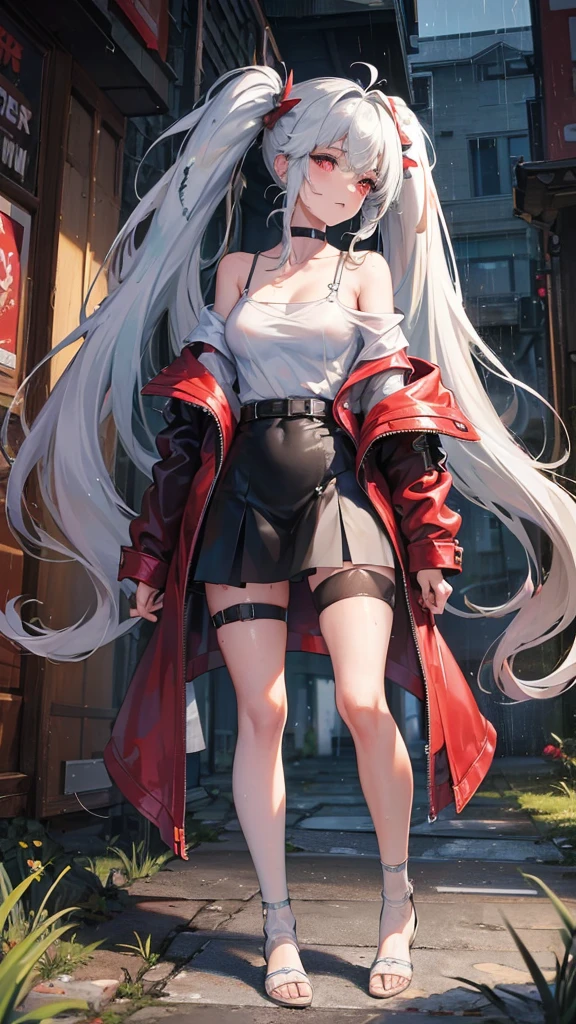 realistic, anime, 1girl,bangs, twintails, long hair, small breasts, off shoulder, white hair, rainbow hair, oversized T-shirt, white T-shirt, black bra, bare legs, thigh, cleavage, collarbone, (extremely detailed CG unity 8k wallpaper, masterpiece, best quality, ultra-detailed, best shadow), (masterpiece:1.2, best quality), very red eyes, sweat, soft body, cute, arm strap, thigh strap, multicolor eyes, outside, out door, raining, night, wet cloths, standing, standing in the rain, wet hair, wet skin, see through, (heavy rain), ruined building, messy ground, bullet shells on ground, dust, wounds, walking, jacket, tactical suit, military equipment, (night), white legwear, wet thighs, ((lotion)), from behind, (wet), dress, skirt, , happy, happy expression, thighs, from below, horizon, \(weapon\)