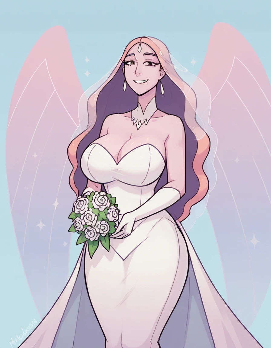 queen angela (she-ra and the princesses of power), very beautiful, very smiling, Women, huge breasts, huge butt. wearing a wedding dress, beautiful wedding costume, without veil, holding a bouquet of flowers, alone, on a wedding altar