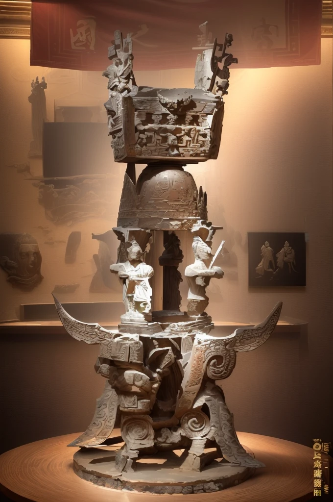 There is a statue of a man on the bronze base of Sanxingdui，There is a square tripod on it.,三星堆Bronze headdress, Dongshan Bronze Ware, Museum artifacts, Bronze headdress, Mediocrity on a pedestal, Dongshan Bronze Ware, Museum items, crown, Moon Ancient Silver Tower, Ifa, ancient&quot;, museum collection, An ancient，masterpiece，Rich details，High Definition