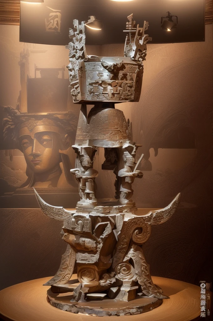 There is a statue of a man on the bronze base of Sanxingdui,There is a square tripod on it.,三星堆Bronze headdress, Dongshan Bronze Ware, Museum artifacts, Bronze headdress, Mediocrity on a pedestal, Dongshan Bronze Ware, Museum items, crown, Moon Ancient Silver Tower, Ifa, ancient", museum collection, An ancient,masterpiece,Rich details,High Definition